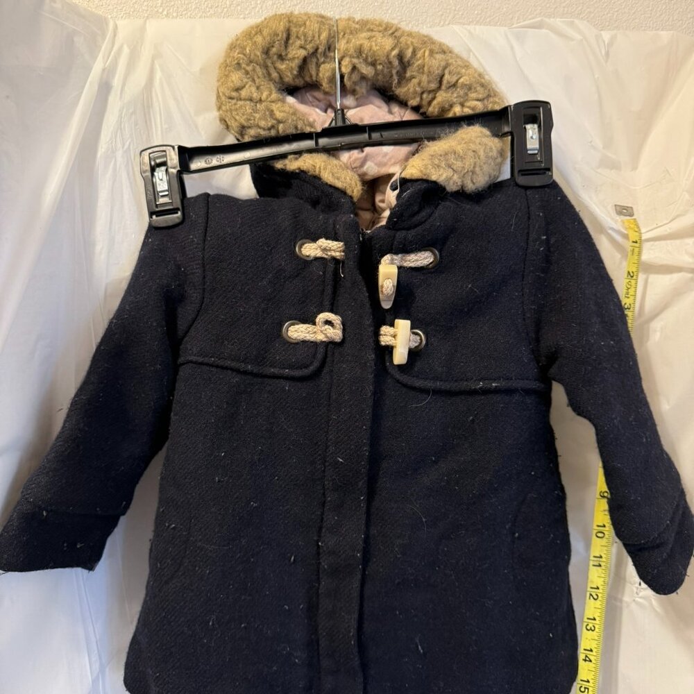 ZARA Kids Navy Toggle Duffle Coat Faux Fur Hood Size 3-4 Years